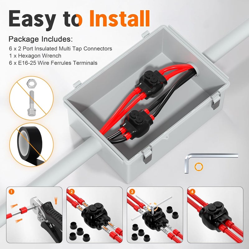 Joinfworld 2 Port Insulated Multi Tap Connector 4-14AWG Aluminum to Copper Wire Connectors Dual Entry Black Electrical Cable Connectors with Slotted Allen Hex - 6 Pack - Image 5